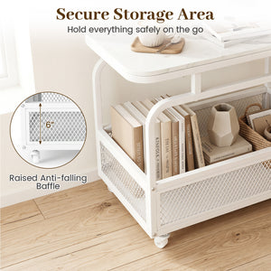 Rolling Side Table 2-Tier Narrow End Table with Mesh Storage Basket-White view 8