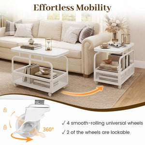 Rolling Side Table 2-Tier Narrow End Table with Mesh Storage Basket-White view 9