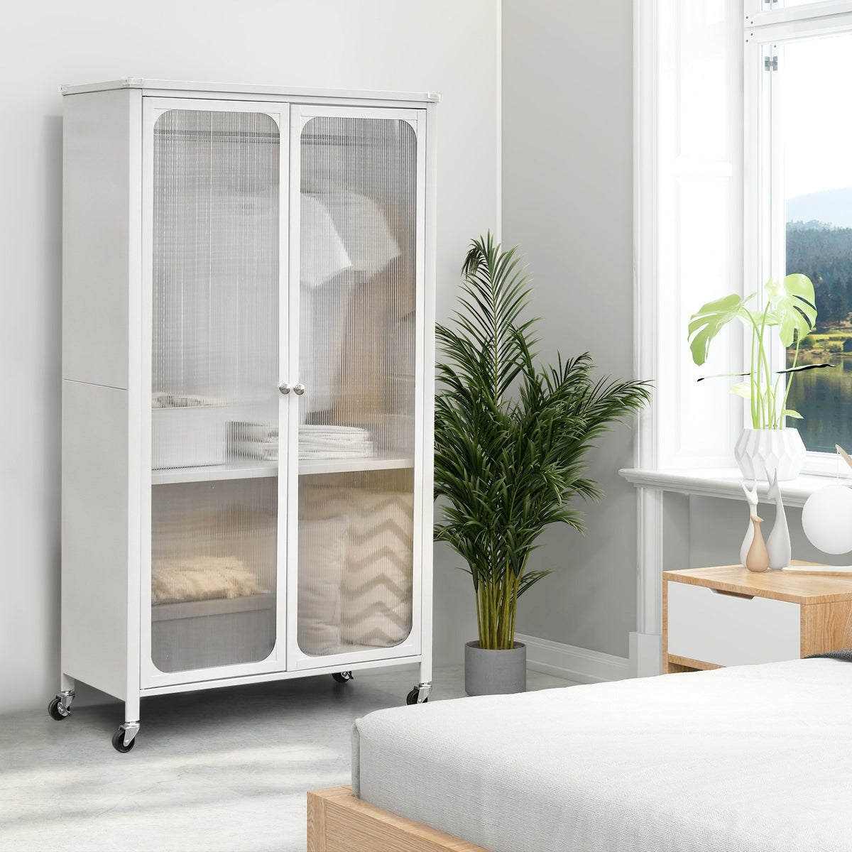Rolling Storage Armoire Closet with Hanging Rod and Adjustable Shelf-White view 2