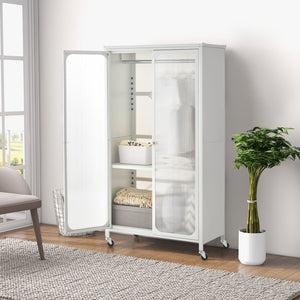 Rolling Storage Armoire Closet with Hanging Rod and Adjustable Shelf-White view 3