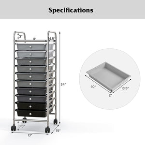 10 Drawer Rolling Storage Cart Organizer with 4 Universal Casters-Gradient Gray view 5