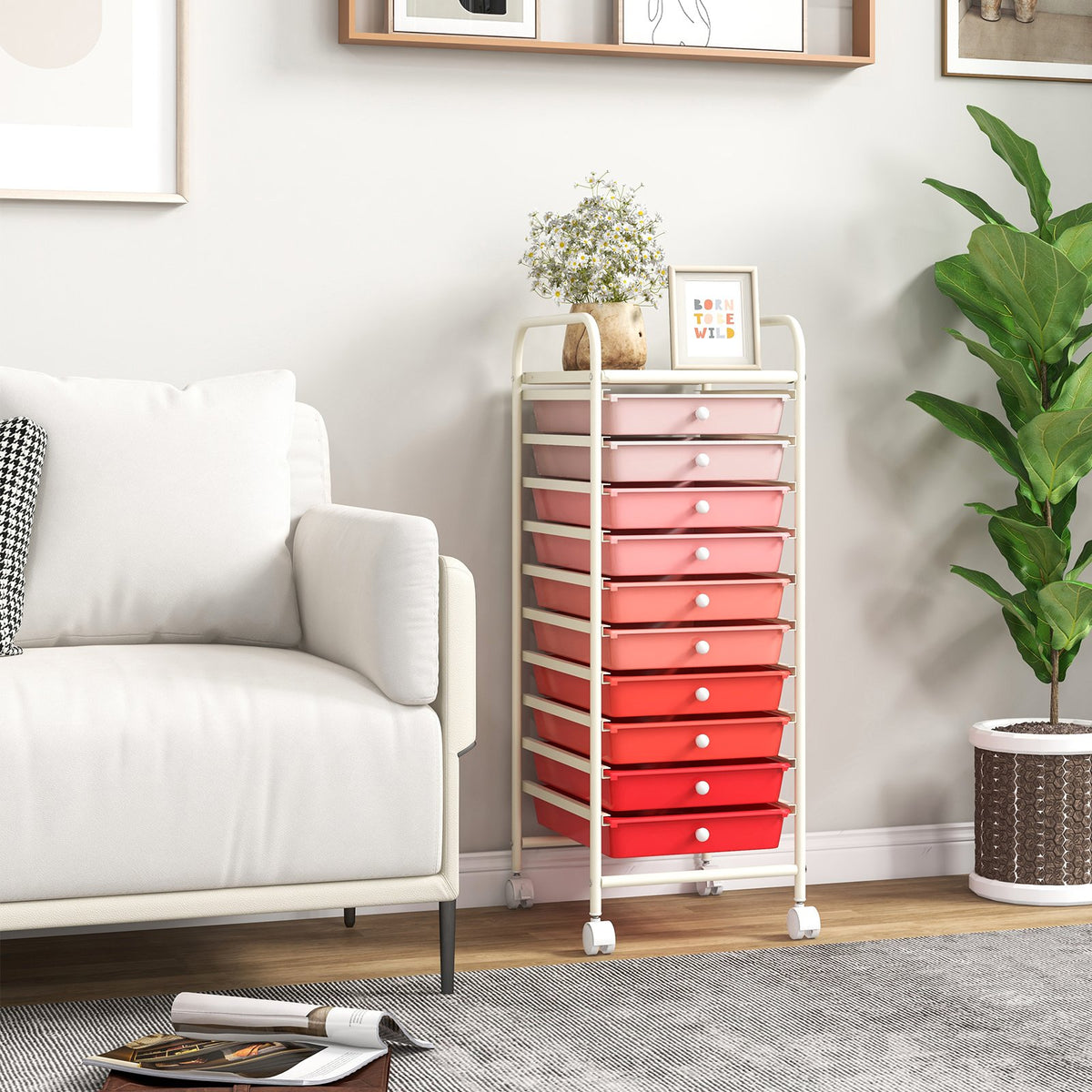 10 Drawer Rolling Storage Cart Organizer with 4 Universal Casters-Gradient Pink view 2