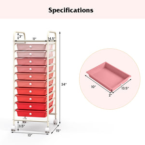 10 Drawer Rolling Storage Cart Organizer with 4 Universal Casters-Gradient Pink view 5