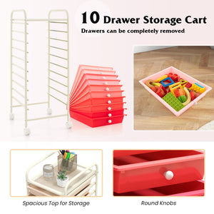 10 Drawer Rolling Storage Cart Organizer with 4 Universal Casters-Gradient Pink view 6
