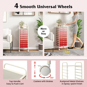 10 Drawer Rolling Storage Cart Organizer with 4 Universal Casters-Gradient Pink view 7