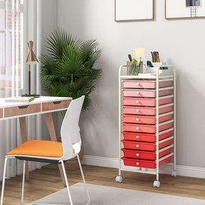 10 Drawer Rolling Storage Cart Organizer with 4 Universal Casters-Gradient Pink view 9