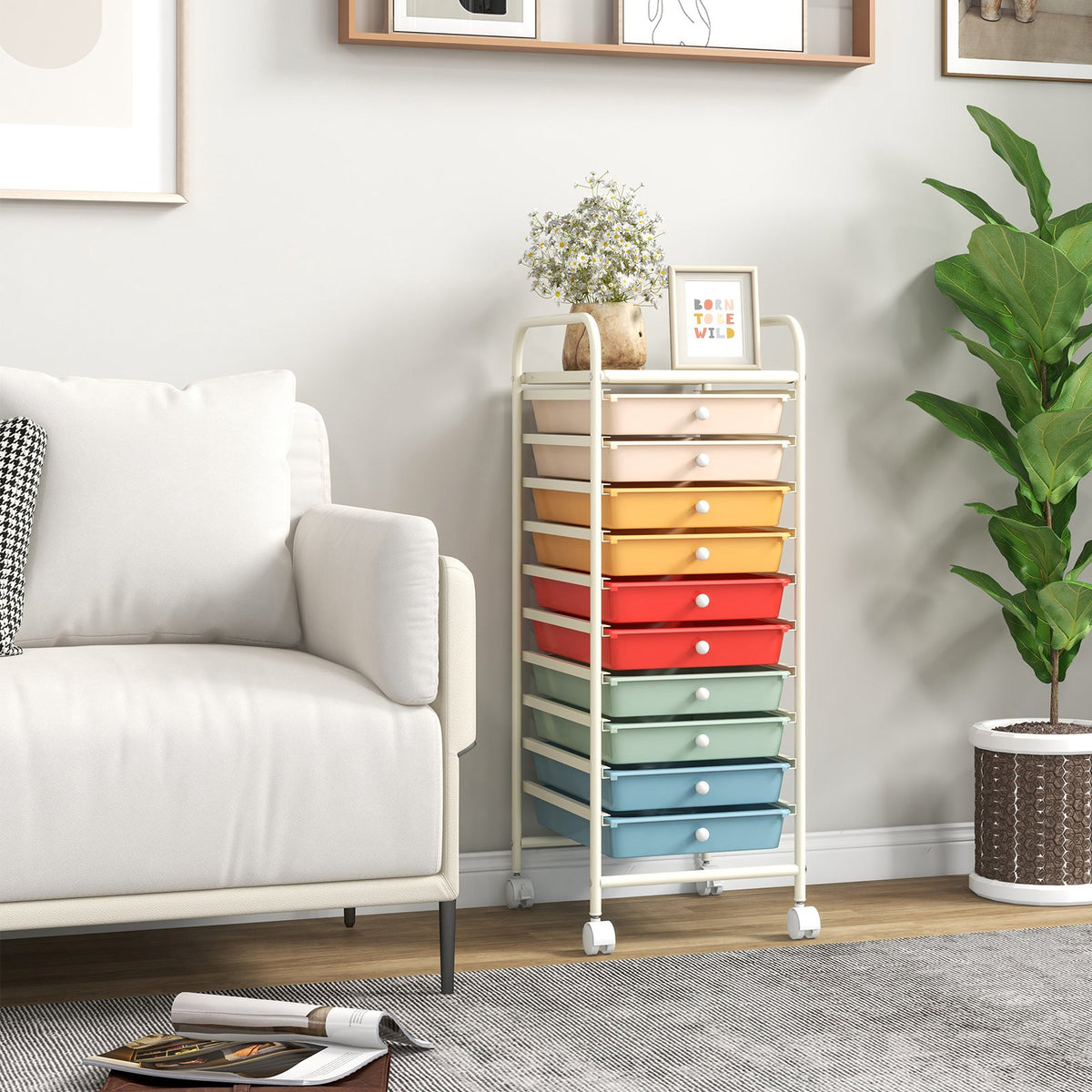 10 Drawer Rolling Storage Cart Organizer with 4 Universal Casters-Macaron Multicolor view 2