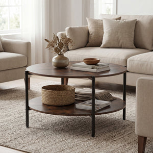 Round Coffee Table 2-Tier Industrial Accent Table with Open Storage Shelf-Rustic Brown view 2
