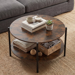 Round Coffee Table 2-Tier Industrial Accent Table with Open Storage Shelf-Rustic Brown view 3