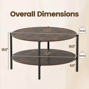 Round Coffee Table 2-Tier Industrial Accent Table with Open Storage Shelf-Rustic Brown view 5