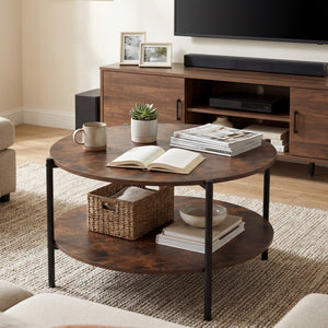 Round Coffee Table 2-Tier Industrial Accent Table with Open Storage Shelf-Rustic Brown view 7