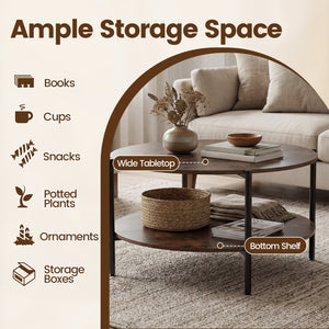 Round Coffee Table 2-Tier Industrial Accent Table with Open Storage Shelf-Rustic Brown view 9
