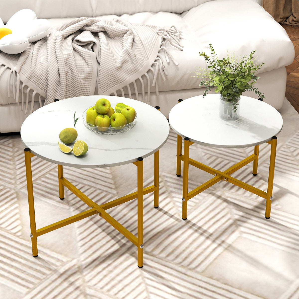 Round Coffee Table Set of 2 with Heavy-Duty Metal Frame-White view 2