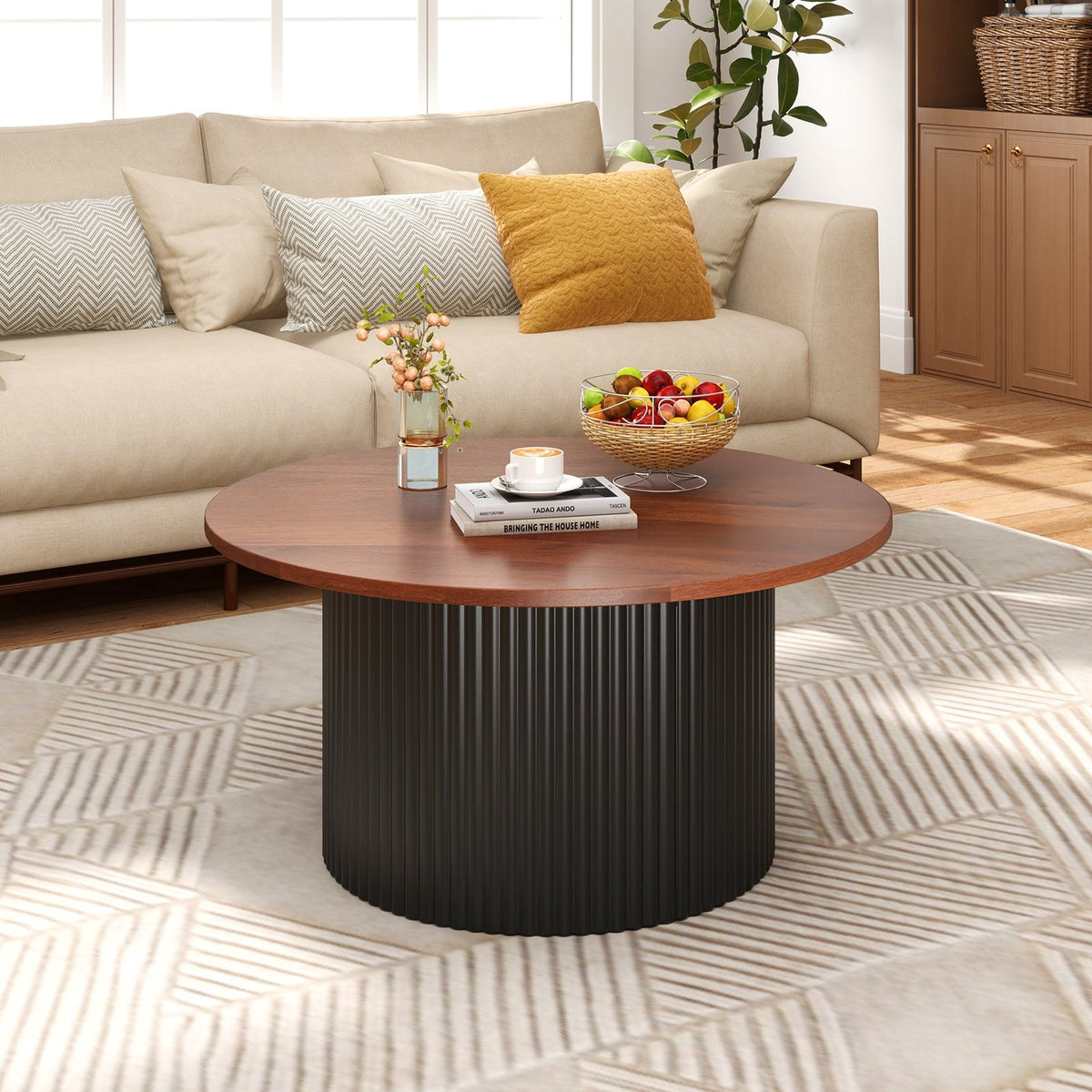 Round Coffee Table with Solid Wood Frame and Wooden Top-Walnut view 2