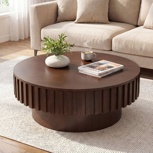 Round Coffee Table with Storage Modern Wooden Drum Coffee Table with Hidden Compartment-Walnut view 3