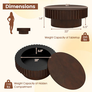 Round Coffee Table with Storage Modern Wooden Drum Coffee Table with Hidden Compartment-Walnut view 5