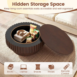 Round Coffee Table with Storage Modern Wooden Drum Coffee Table with Hidden Compartment-Walnut view 7