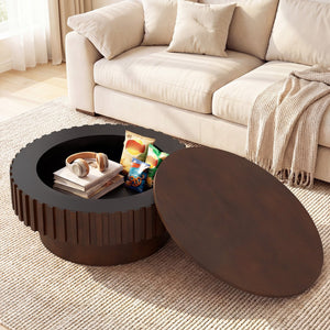 Round Coffee Table with Storage Modern Wooden Drum Coffee Table with Hidden Compartment-Walnut view 9