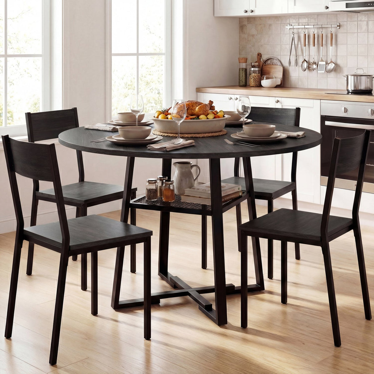 Round Dining Table for 4-6 with Storage Shelf and Metal Legs-Black view 2