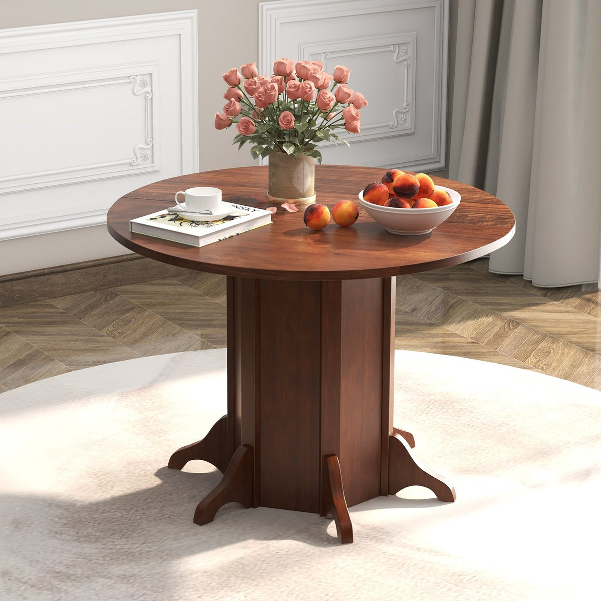 Round Dining Table with Pedestal Base for 4-6 People-Walnut view 2
