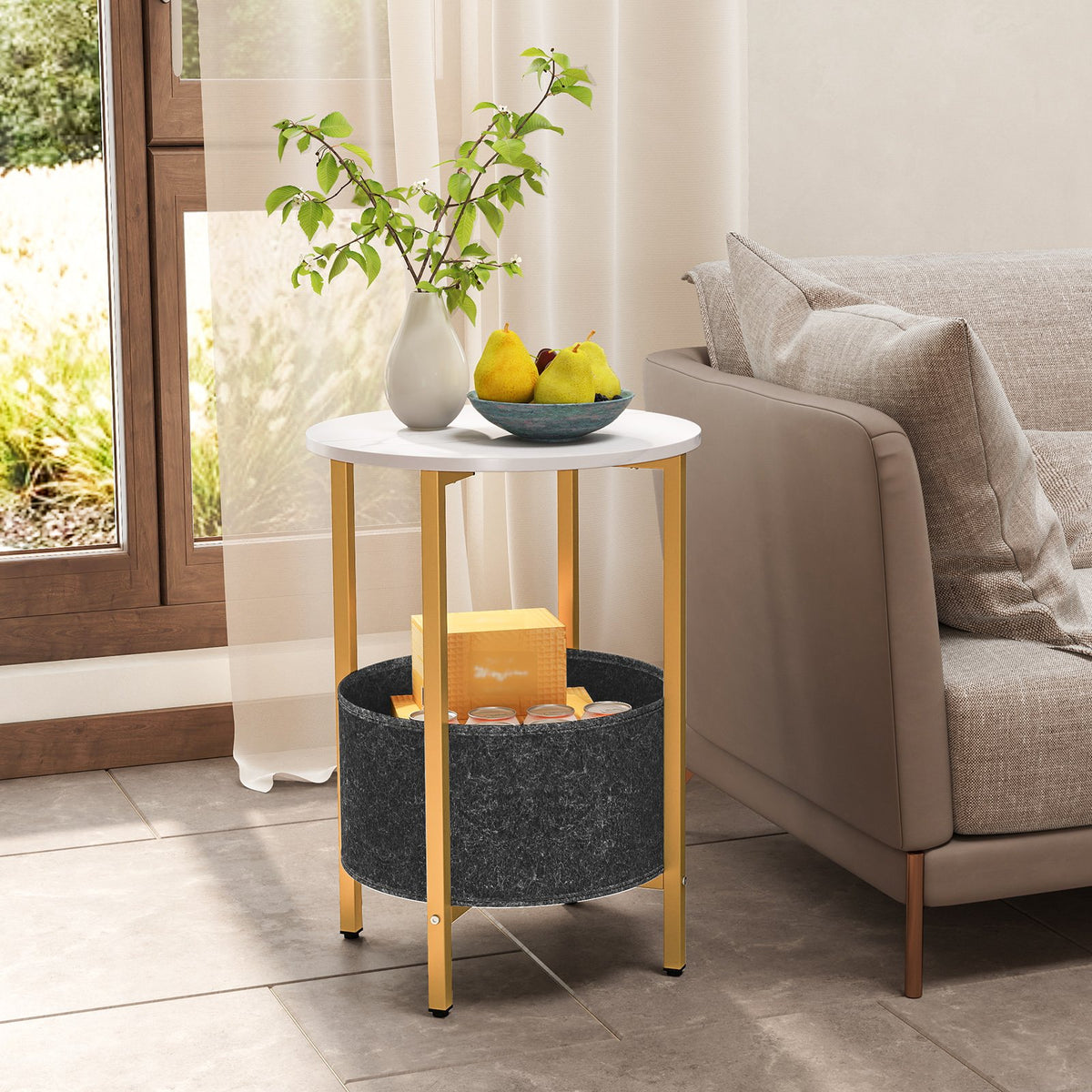 Round End Table 2-Tier Side Table with Removable Fabric Basket and Metal Frame-White view 2