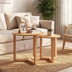 Round Nesting Coffee Table Set of 2 Wood Nesting End Tables with Thickened Top-Natural view 2