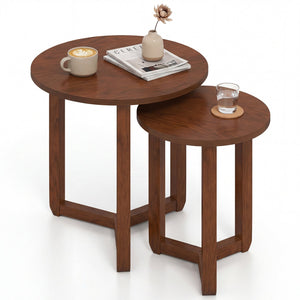 Round Nesting Coffee Table Set of 2 Wood Nesting End Tables with Thickened Top-Walnut
