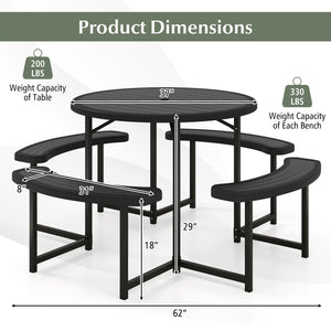 Round Picnic Table Bench Set with 4 Benches and Umbrella Hole for Patio Lawn-Black view 5