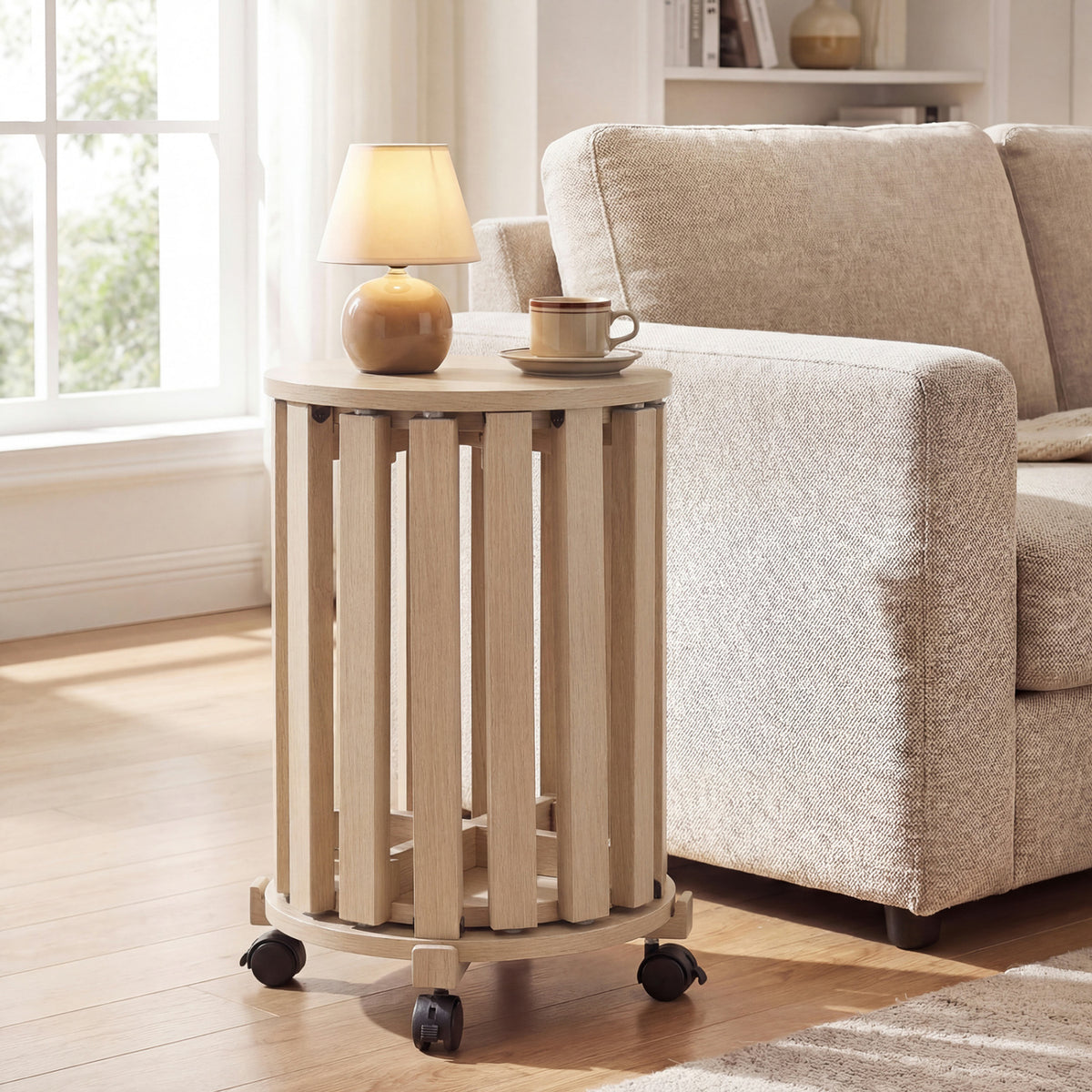 Round Portable Wood Nesting Stools with Locking Casters-Natural view 2