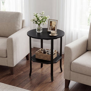 Round Side Table Small End Table with Storage Shelf 2-Tier Nightstand for Small Space-Black view 3