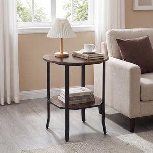 Round Side Table Small End Table with Storage Shelf 2-Tier Nightstand for Small Space-Rustic Brown view 2