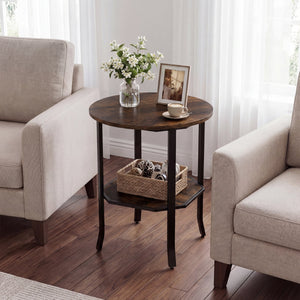 Round Side Table Small End Table with Storage Shelf 2-Tier Nightstand for Small Space-Rustic Brown view 3