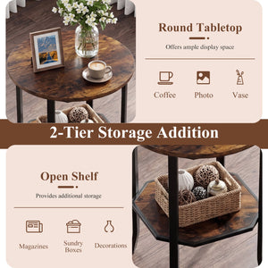 Round Side Table Small End Table with Storage Shelf 2-Tier Nightstand for Small Space-Rustic Brown view 8