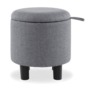 Round Storage Ottoman Linen Fabric Upholstered Footrest Stool-Gray