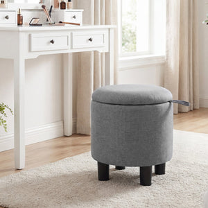 Round Storage Ottoman Linen Fabric Upholstered Footrest Stool-Gray view 6