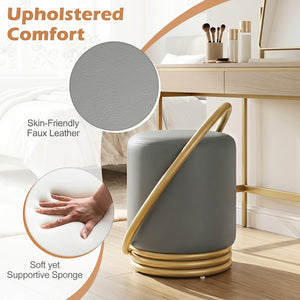 Round Vanity Stool Faux Leather Makeup Chair with Gold Halo Design-Grey view 6
