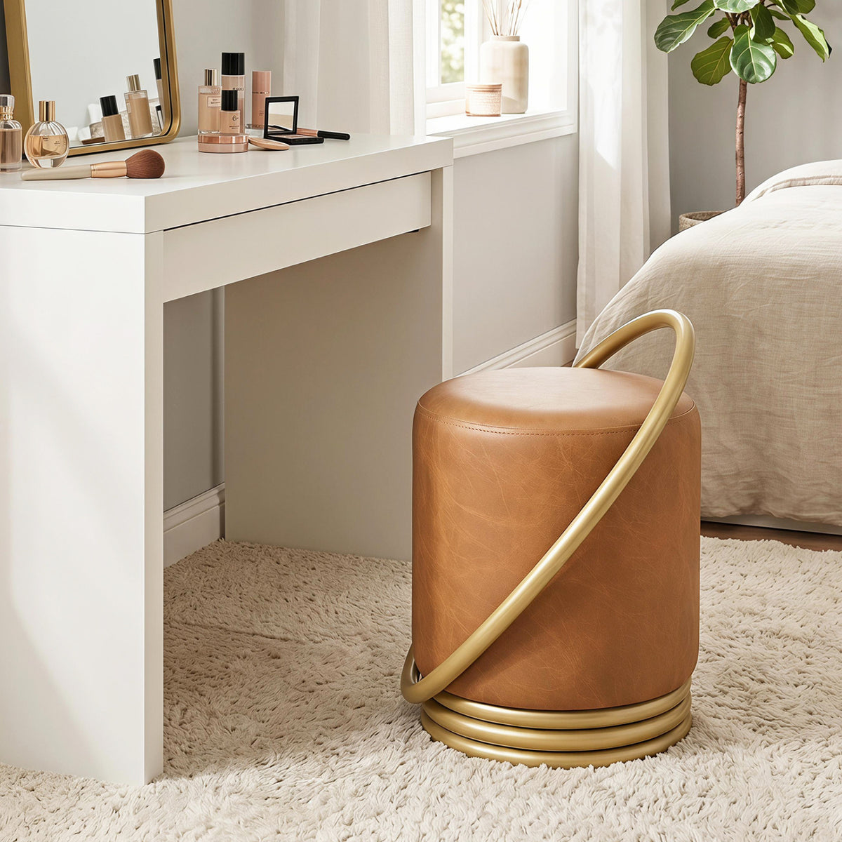Round Vanity Stool Faux Leather Makeup Chair with Gold Halo Design-Yellow view 2
