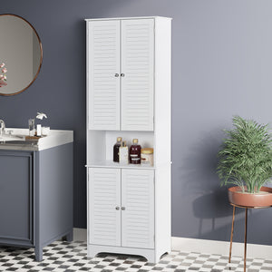 Tall Bathroom Storage Cabinet, Slim Bathroom Cabinet with 4 Shutter Doors and Adjustable Shelves, Toilet Vanity Cabinet, Narrow Organizer, White