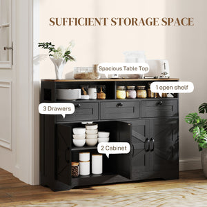 Sideboard, Buffet Cabinet with 4 Barn Doors and 3 Drawers, Coffee Bar Cabinet with Adjustable Shelves, Black – view 3