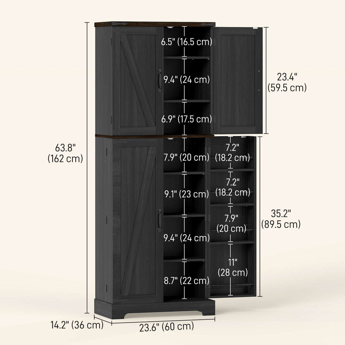 64" Tall Kitchen Pantry Cabinet with Spice Racks and Adjustable Shelves, Black Wood Grain
