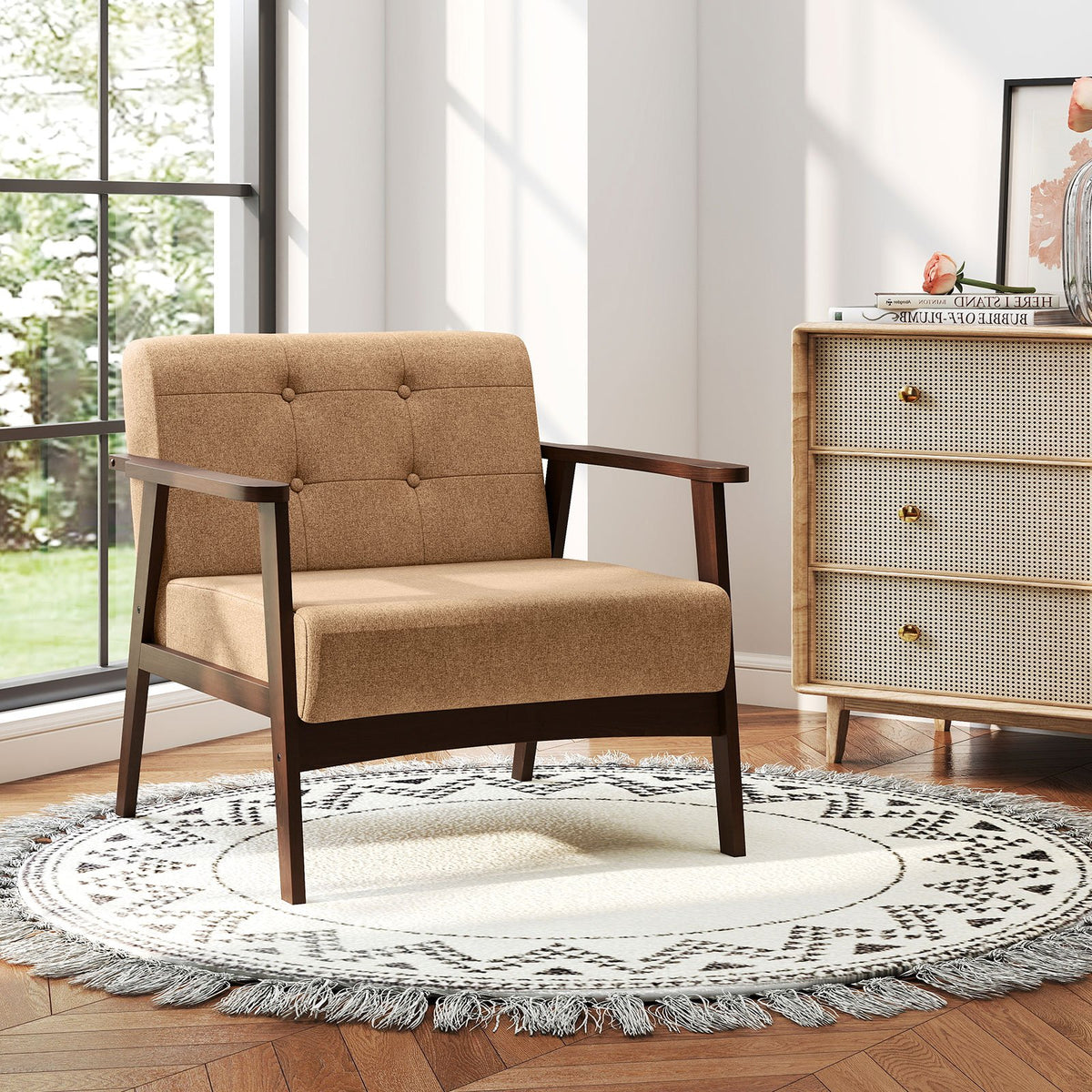 Rubber Wood Frame Accent Chair with Armrest for Living Room-Beige view 2