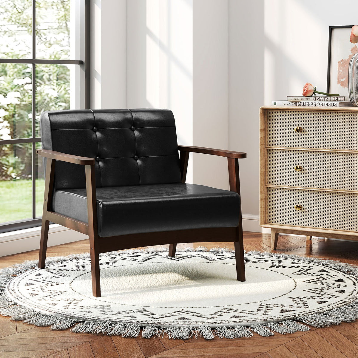 Rubber Wood Frame Accent Chair with Armrest for Living Room-Black view 2