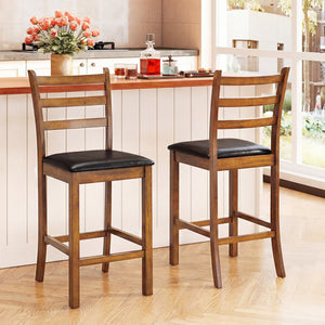 Rubber Wood Ladder Back Bar Stools Set of 2 24inch Counter Height Kitchen Island High Chairs-Walnut view 3