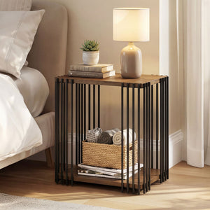 Rubber Wood Side Table with 2-Layer Storage Shelves and Metal Frame-Walnut view 2