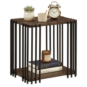 Rubber Wood Side Table with 2-Layer Storage Shelves and Metal Frame-Walnut view 4