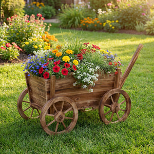 Rustic Rolling Flower Pot Stand with Wheels and Handle-Coffee view 2