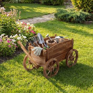 Rustic Rolling Flower Pot Stand with Wheels and Handle-Coffee view 3