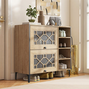 Rustic Shoe Cabinet with Flip-up See-through Doors and Adjustable Shelves-Oak view 2
