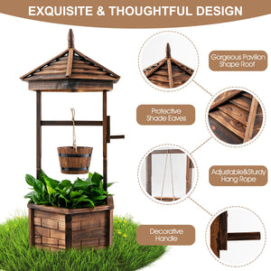 Rustic Wooden Wishing Well with Adjustable Hanging Bucket-Brown view 9