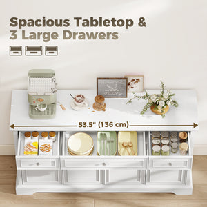 Sideboard Buffet Cabinet, 54" Kitchen Storage Cabinet with Soft-Close Doors, 3 Drawers and 2 Adjustable Shelves, White